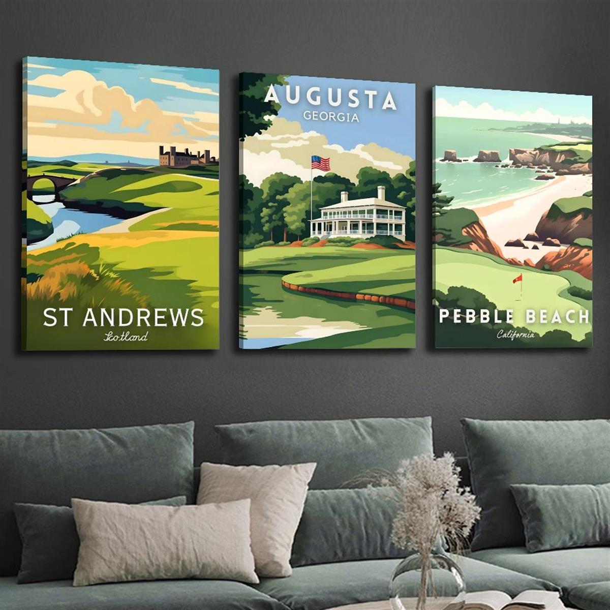 3pcs Golf Course Canvas Wall Art – Augusta, Pebble Beach, St. Andrews