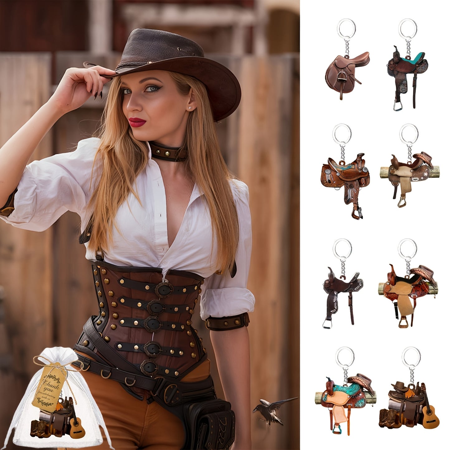 24pcs Western Cowboy Keychain Party Set – Acrylic, Cards & Bags, No Feathers, No Power Needed