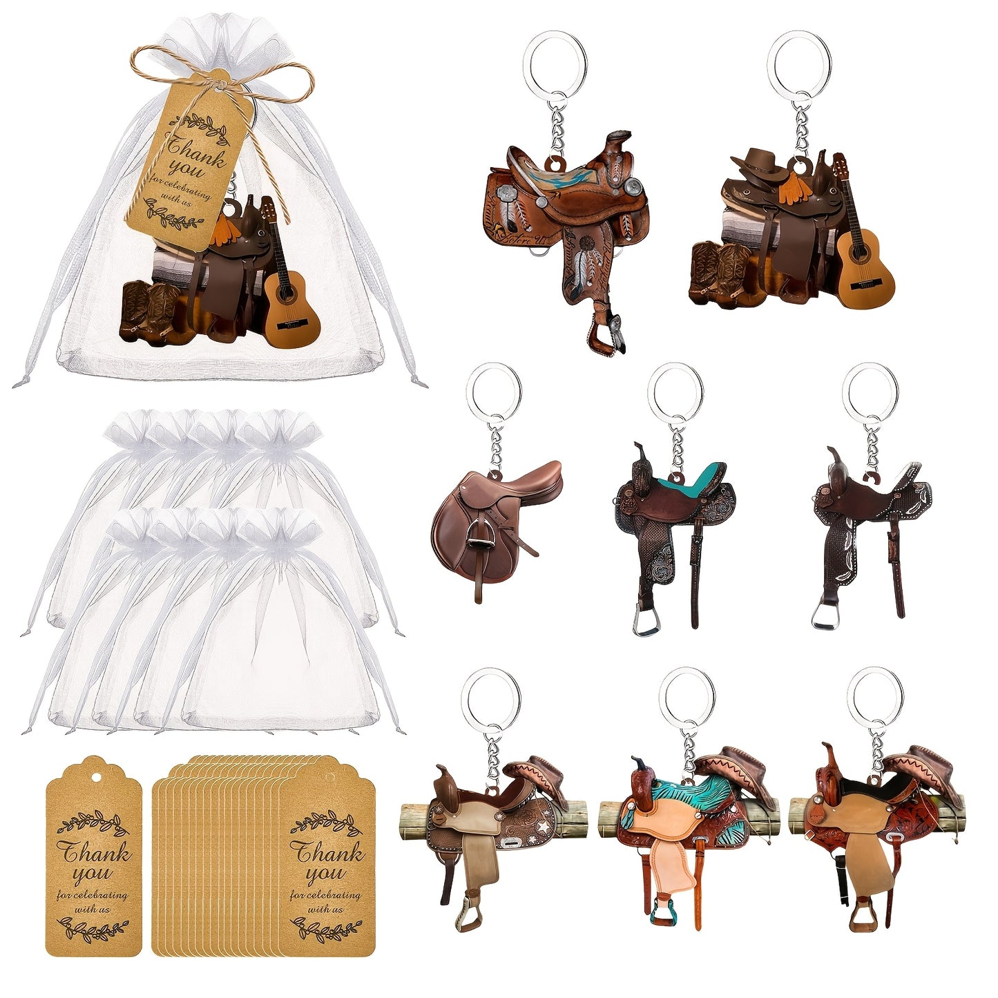 24pcs Western Cowboy Keychain Party Set – Acrylic, Cards & Bags, No Feathers, No Power Needed
