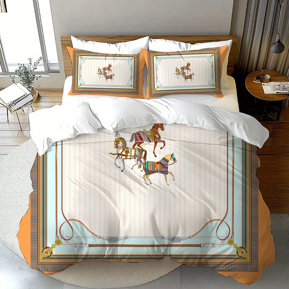 2/3pcs European Horse Design Duvet Cover Set – Soft Polyester, No Filling
