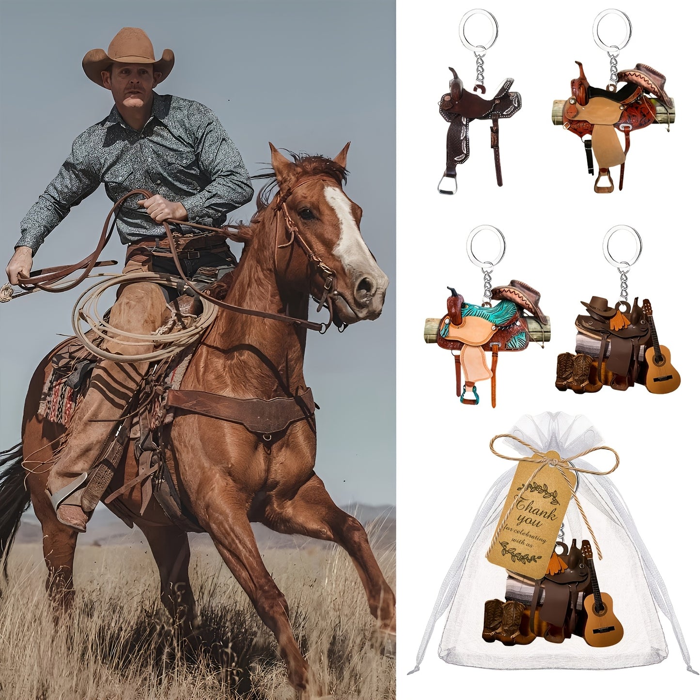 24pcs Western Cowboy Keychain Party Set – Acrylic, Cards & Bags, No Feathers, No Power Needed